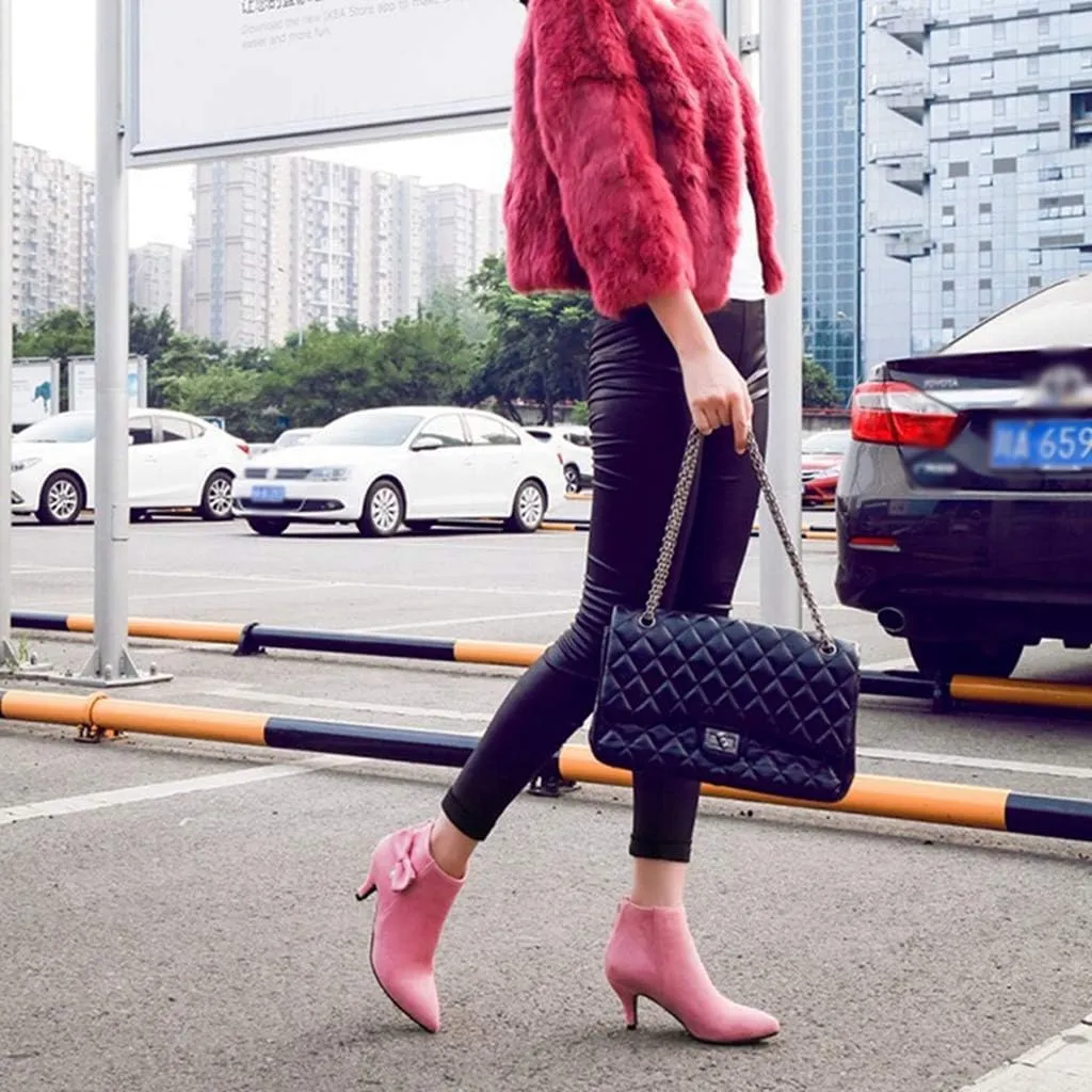 Women's Pointed Toe Dressy Ankle Booties Fashion Bow Kitten Low Heel Comfort Elegant Short Boots