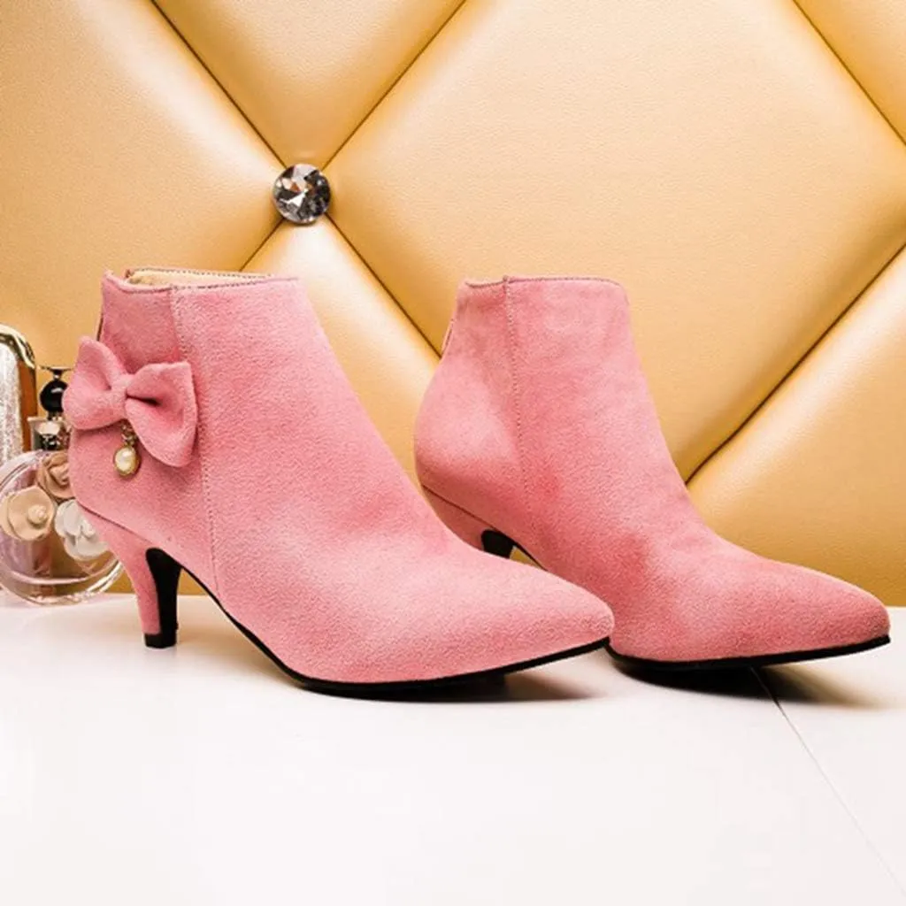Women's Pointed Toe Dressy Ankle Booties Fashion Bow Kitten Low Heel Comfort Elegant Short Boots