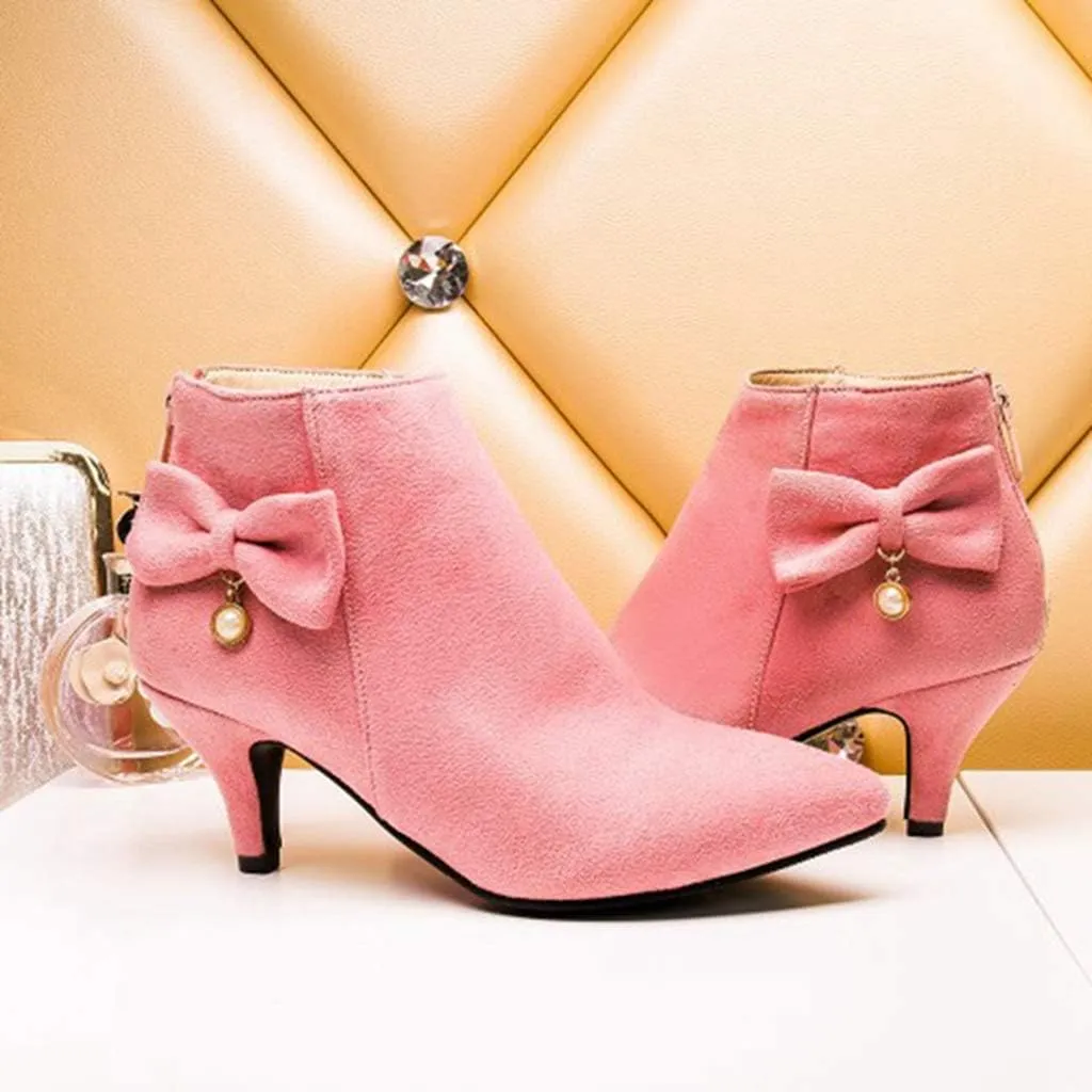 Women's Pointed Toe Dressy Ankle Booties Fashion Bow Kitten Low Heel Comfort Elegant Short Boots