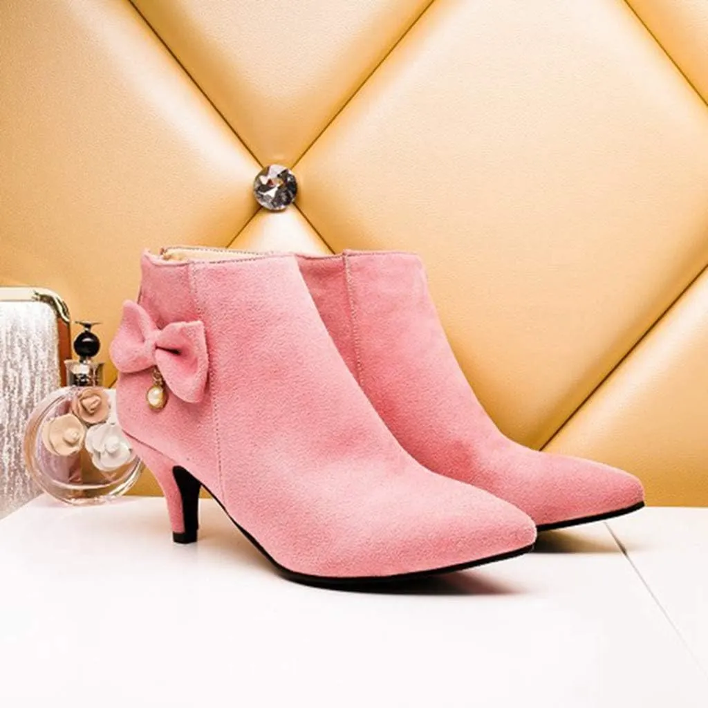 Women's Pointed Toe Dressy Ankle Booties Fashion Bow Kitten Low Heel Comfort Elegant Short Boots