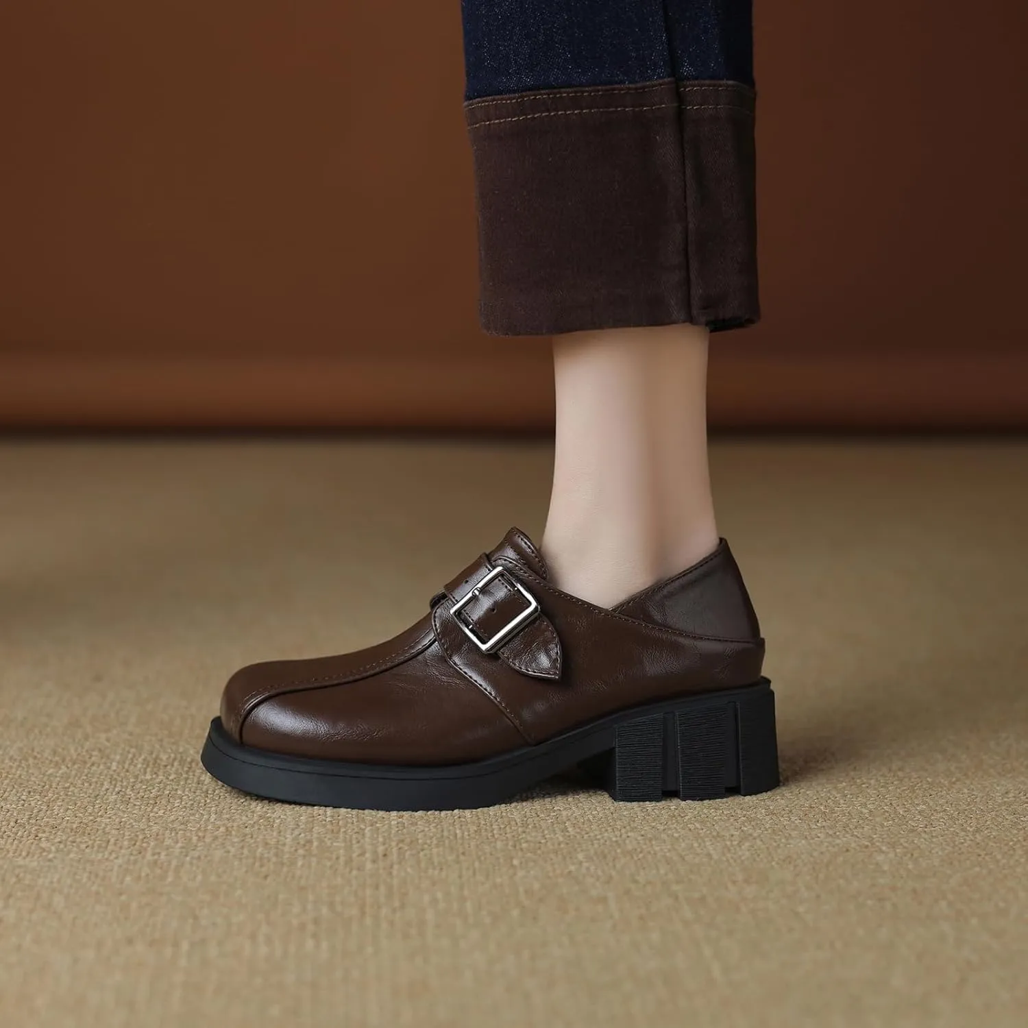 Womens Pumps Fashionable Square Toe Oxfords with Elegant Buckle Detail