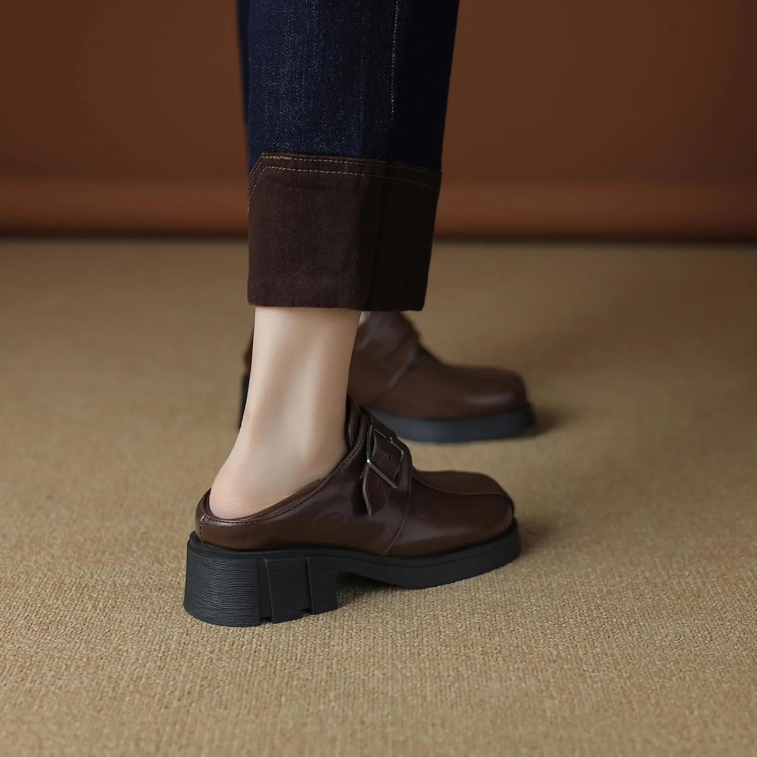 Womens Pumps Fashionable Square Toe Oxfords with Elegant Buckle Detail