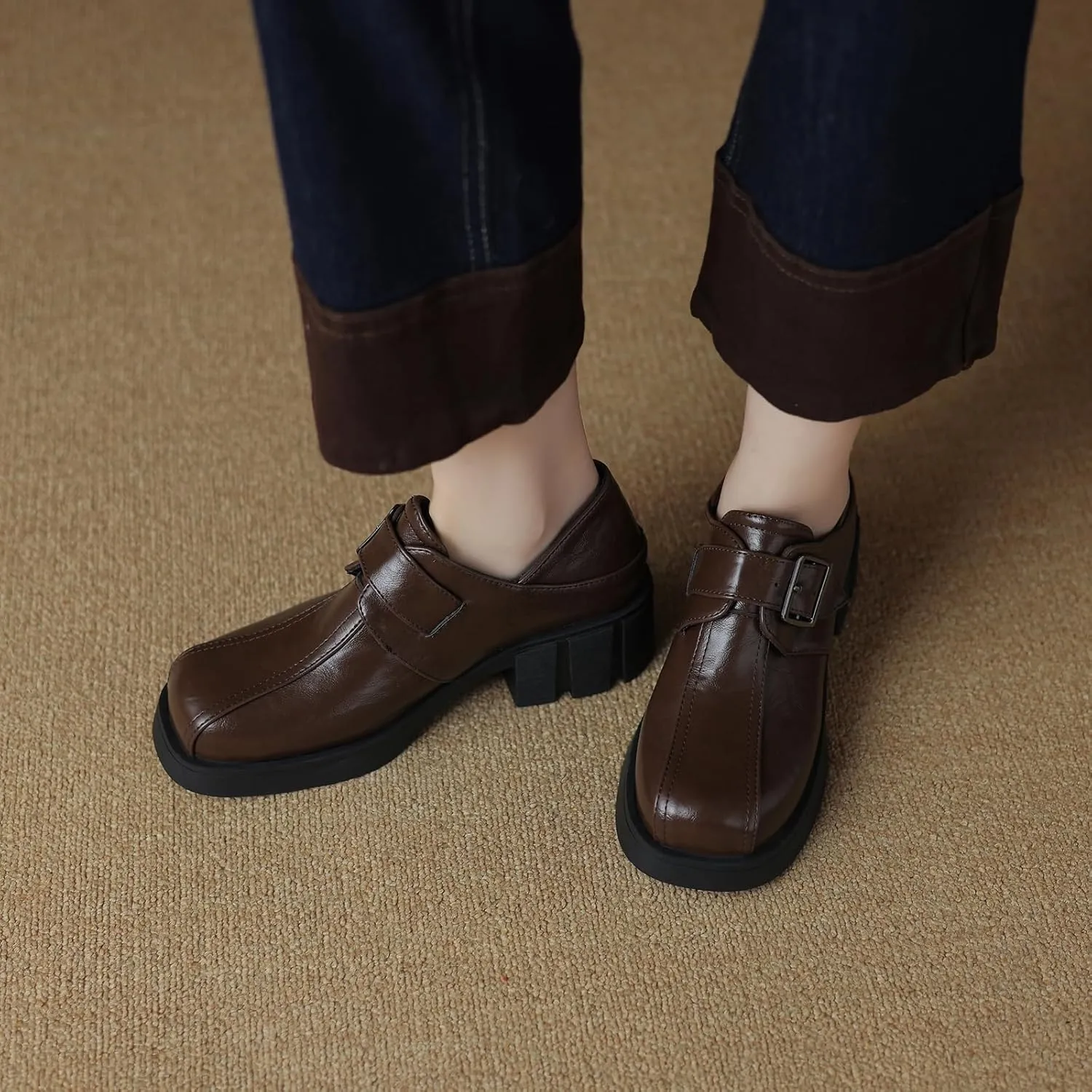 Womens Pumps Fashionable Square Toe Oxfords with Elegant Buckle Detail