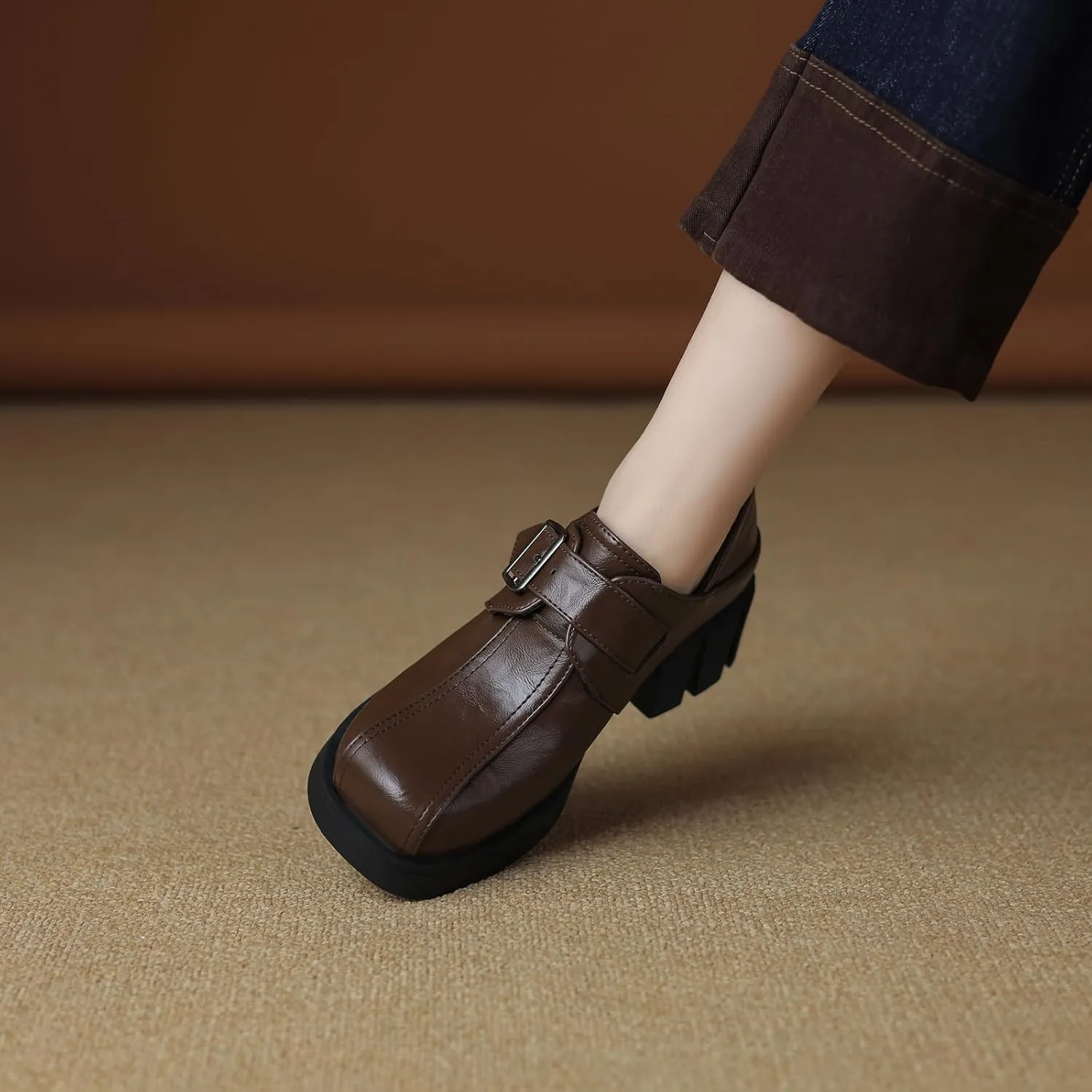 Womens Pumps Fashionable Square Toe Oxfords with Elegant Buckle Detail