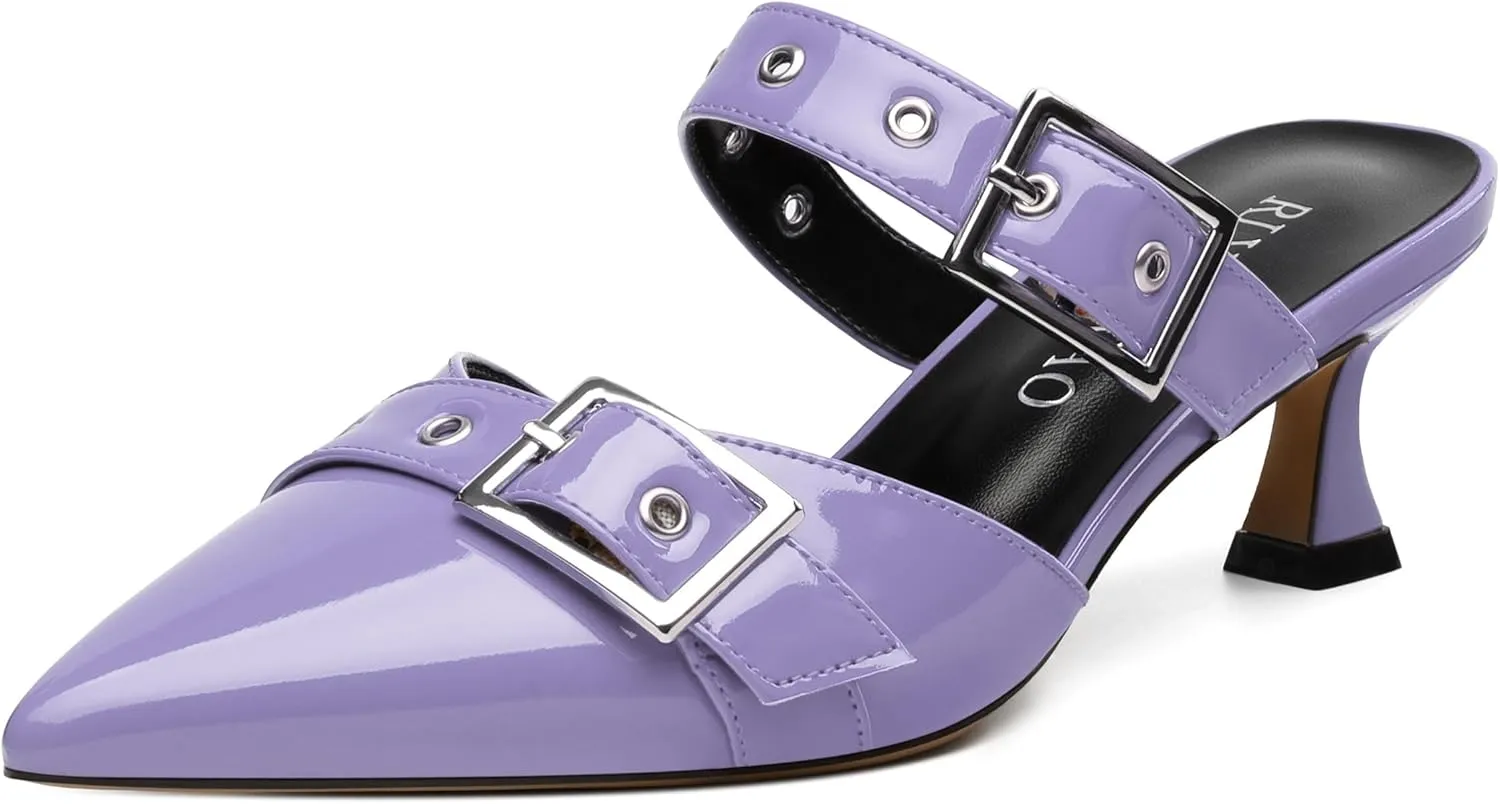 Women's Pumps, Pointed Toe Low Heel Mules for Women, Backstrap Buckle Fashion Solid Women's Mule Pumps for Daily Working Party