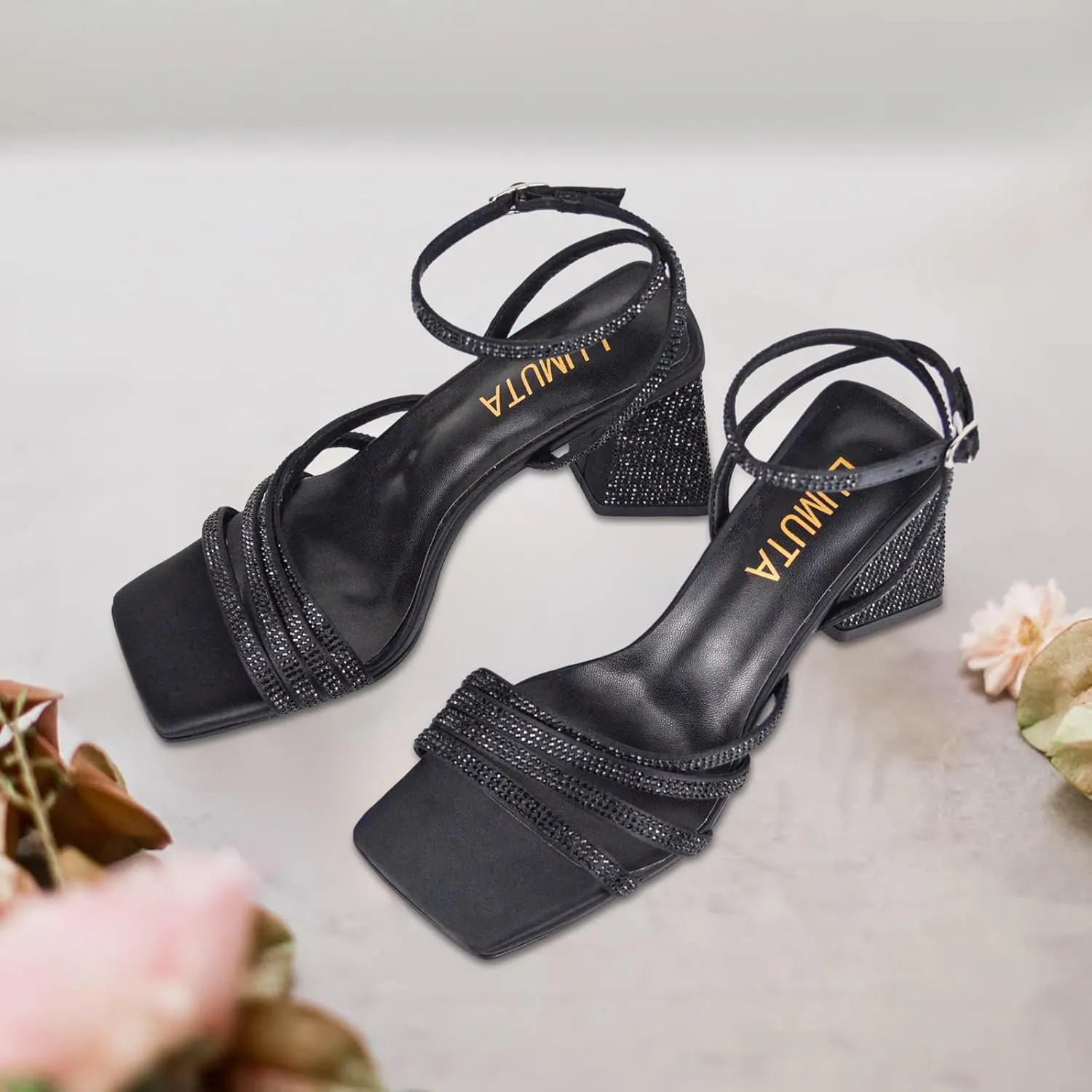 Women's Rhinestone Sparkling Heeled Sandals, Ankle-Strap Pin-Buckled Block Heel Gold Square-Toe Sandals, Dress-Up Summer Ball Party Dress Shoes