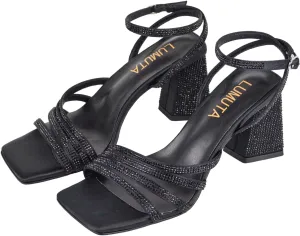Women's Rhinestone Sparkling Heeled Sandals, Ankle-Strap Pin-Buckled Block Heel Gold Square-Toe Sandals, Dress-Up Summer Ball Party Dress Shoes