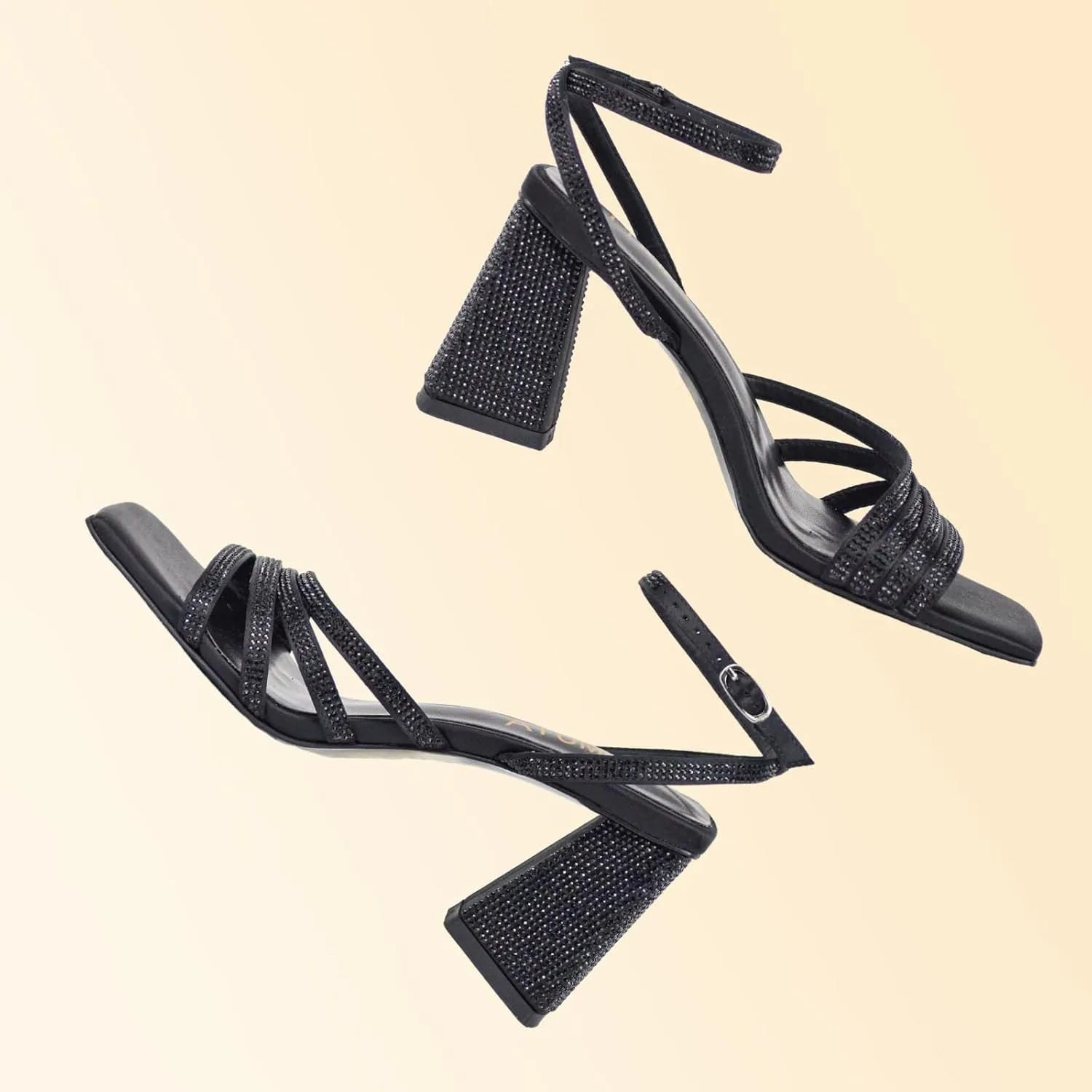 Women's Rhinestone Sparkling Heeled Sandals, Ankle-Strap Pin-Buckled Block Heel Gold Square-Toe Sandals, Dress-Up Summer Ball Party Dress Shoes