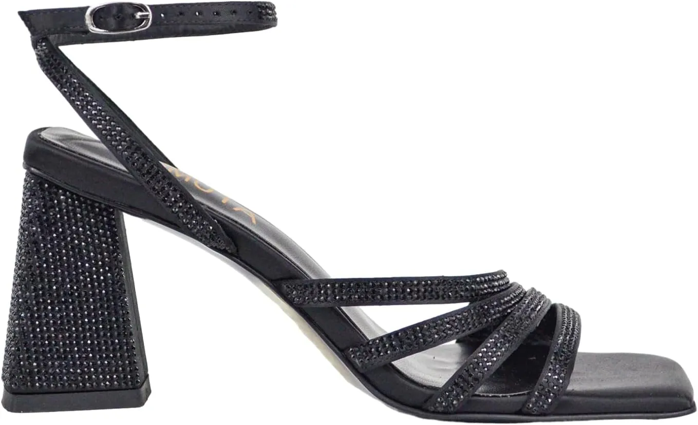 Women's Rhinestone Sparkling Heeled Sandals, Ankle-Strap Pin-Buckled Block Heel Gold Square-Toe Sandals, Dress-Up Summer Ball Party Dress Shoes