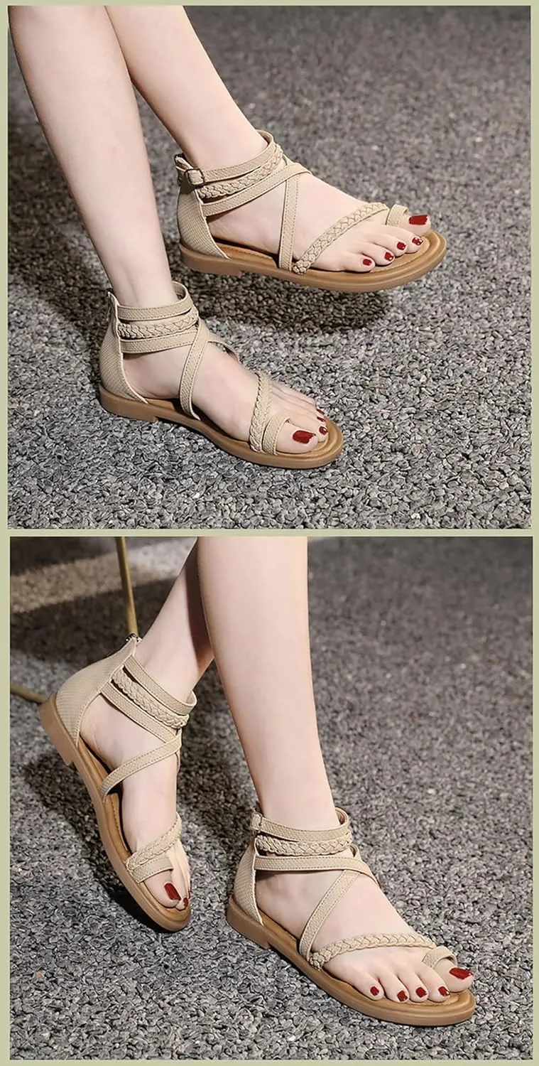 Women'S Roman Flat Sandals Comfortable Open Toe Gladiator Sandals Convenient Back Zip Sandals