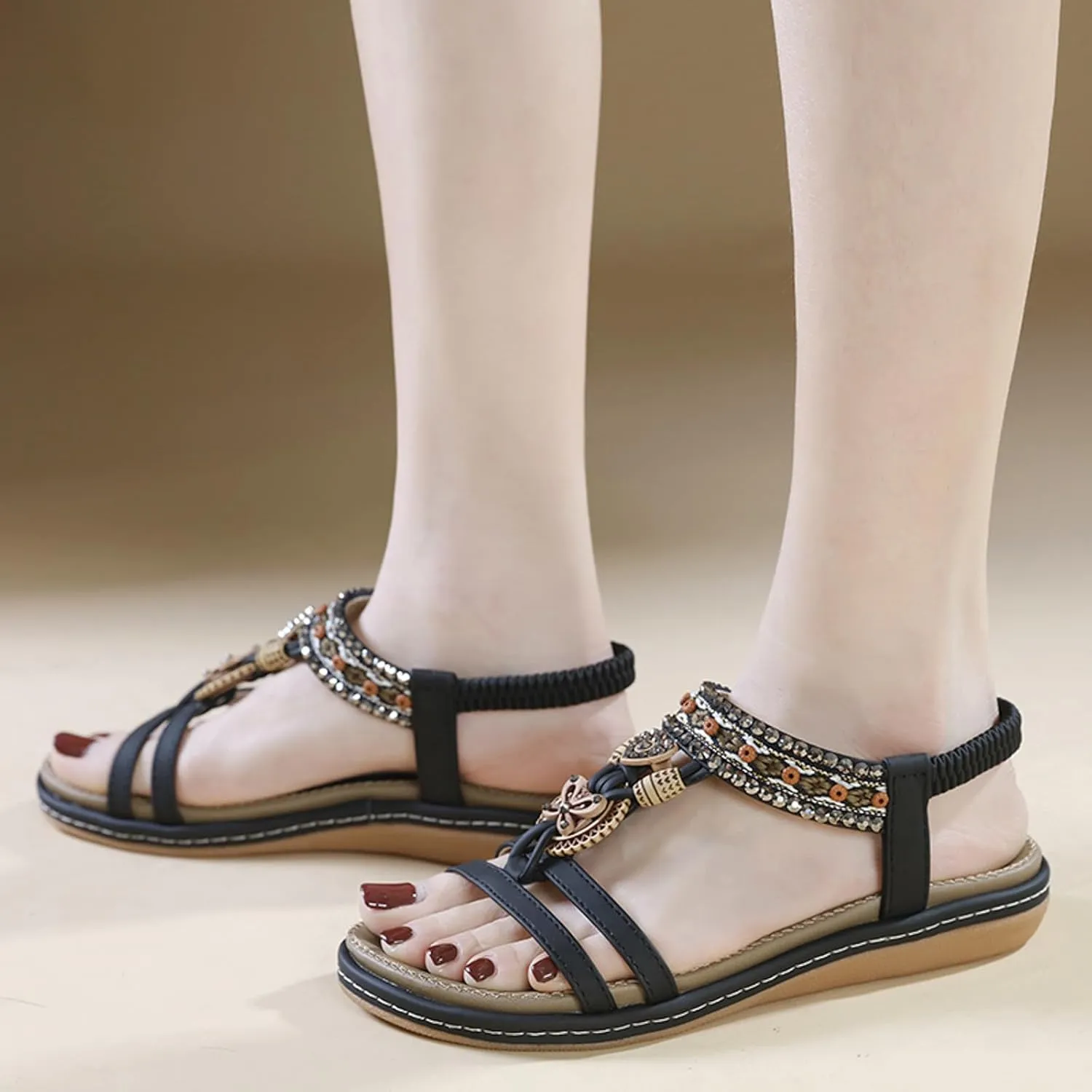 Women's Sandals, White, Slippers with Footbed, Comfortable Cool Flip Flops, Flat Leisure Beach Toe Separator Rhinestone Beads Summer Shoes, Sandals