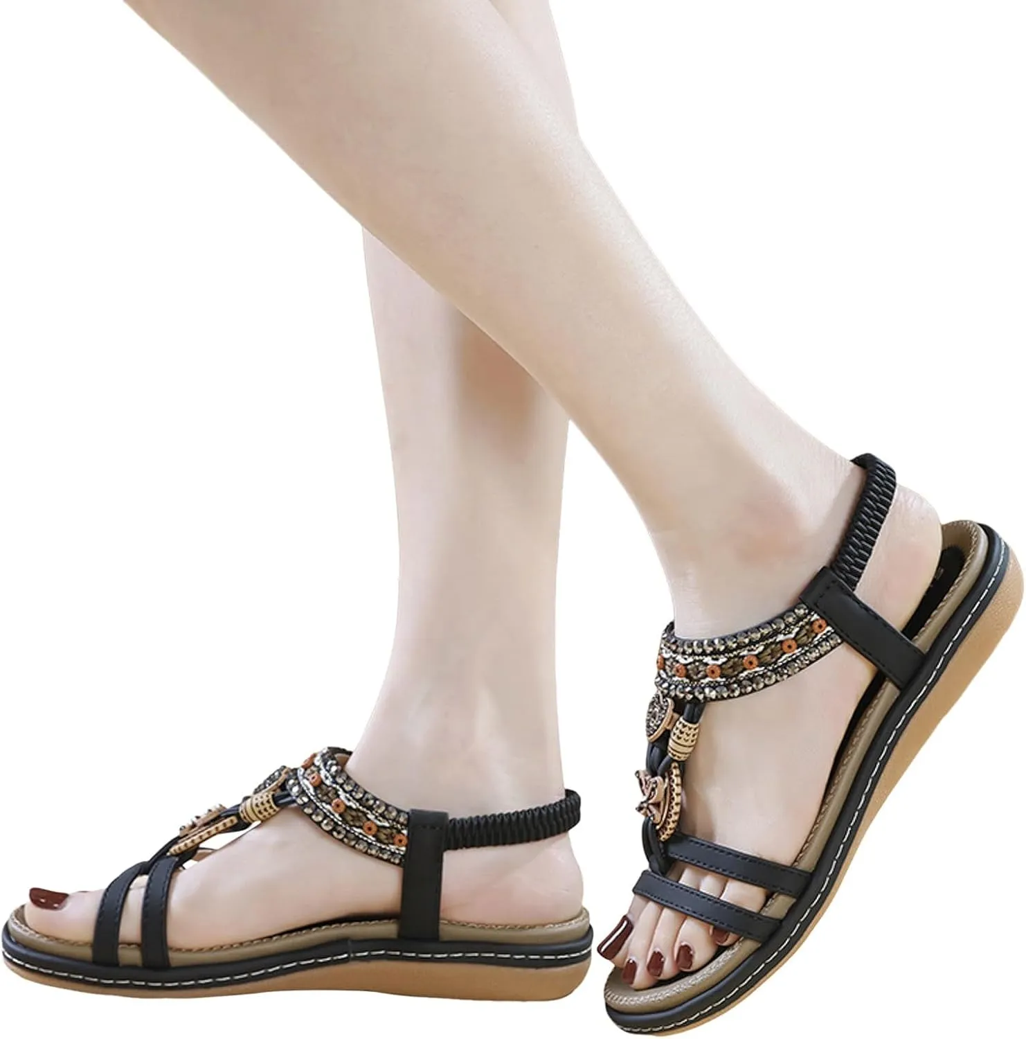 Women's Sandals, White, Slippers with Footbed, Comfortable Cool Flip Flops, Flat Leisure Beach Toe Separator Rhinestone Beads Summer Shoes, Sandals