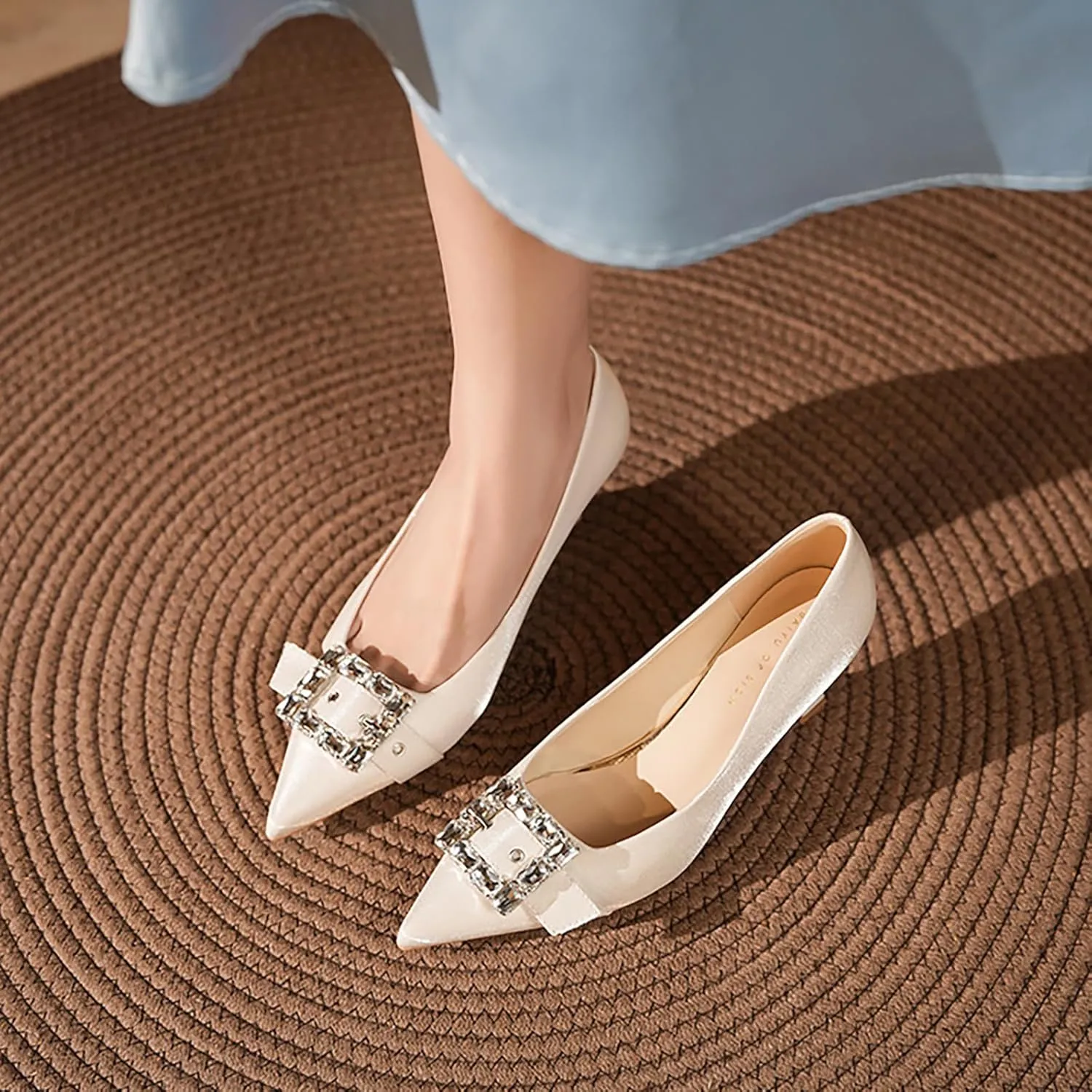 Women's Satin Buckle Rhinestone Pointed Stiletto Pumps Fashion Elegant Denim Crystal Glitter Slip-On Kitten Heel Dress Shoes for Ersatile Wedding Bridal Party