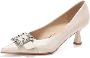 Women's Satin Buckle Rhinestone Pointed Stiletto Pumps Fashion Elegant Denim Crystal Glitter Slip-On Kitten Heel Dress Shoes for Ersatile Wedding Bridal Party