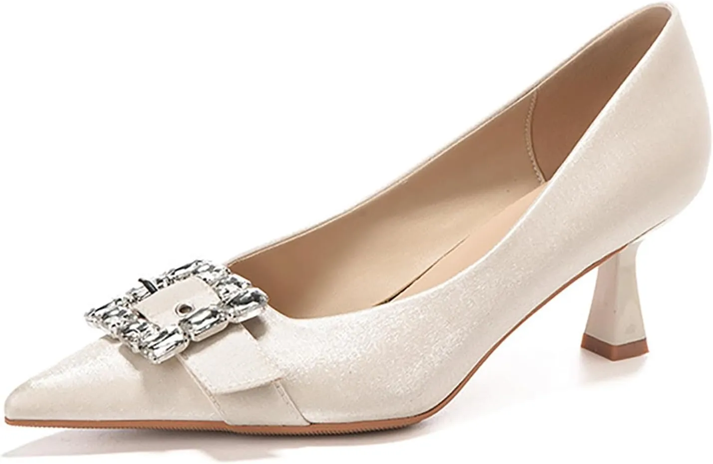 Women's Satin Buckle Rhinestone Pointed Stiletto Pumps Fashion Elegant Denim Crystal Glitter Slip-On Kitten Heel Dress Shoes for Ersatile Wedding Bridal Party