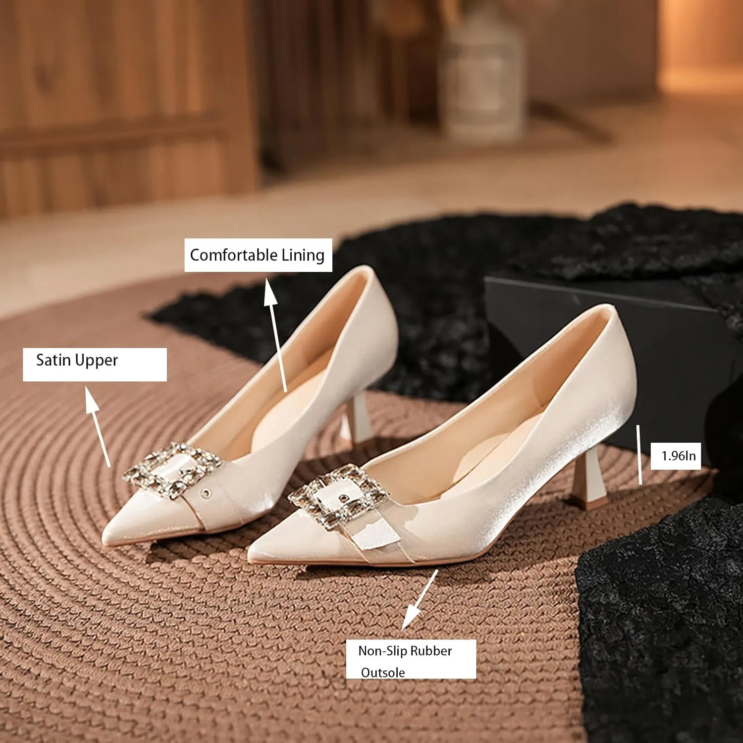 Women's Satin Buckle Rhinestone Pointed Stiletto Pumps Fashion Elegant Denim Crystal Glitter Slip-On Kitten Heel Dress Shoes for Ersatile Wedding Bridal Party