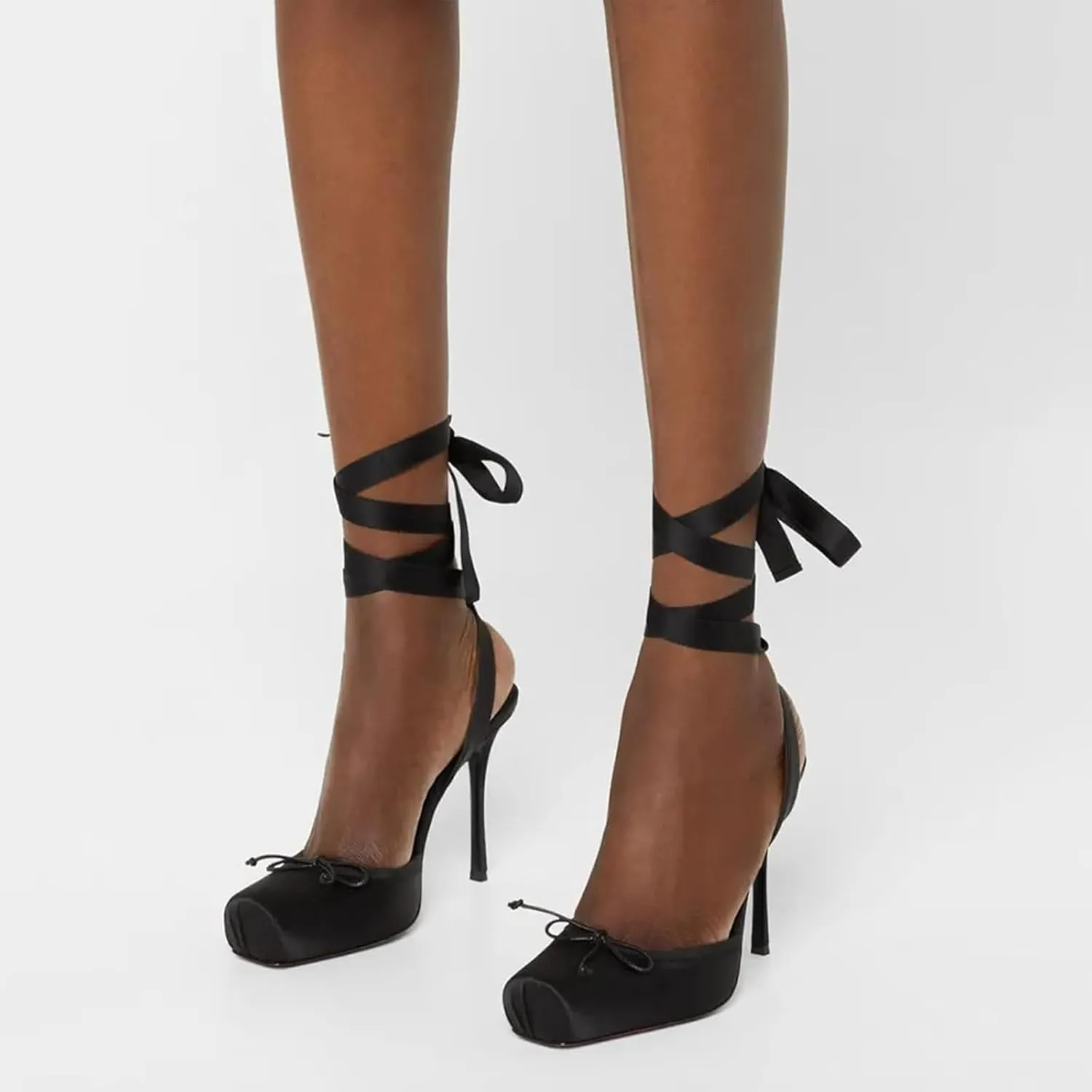 Women's Satin Stiletto Heels - Elegant Ballet Slingback Pumps with Bow Accents, Square Toe & Lace-Up Closure for Wedding, Party, Special Occasions