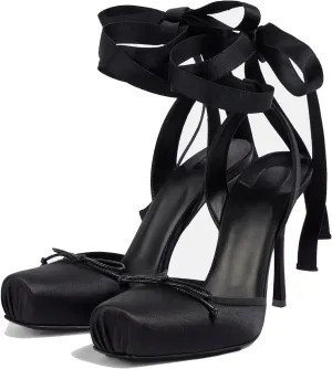 Women's Satin Stiletto Heels - Elegant Ballet Slingback Pumps with Bow Accents, Square Toe & Lace-Up Closure for Wedding, Party, Special Occasions