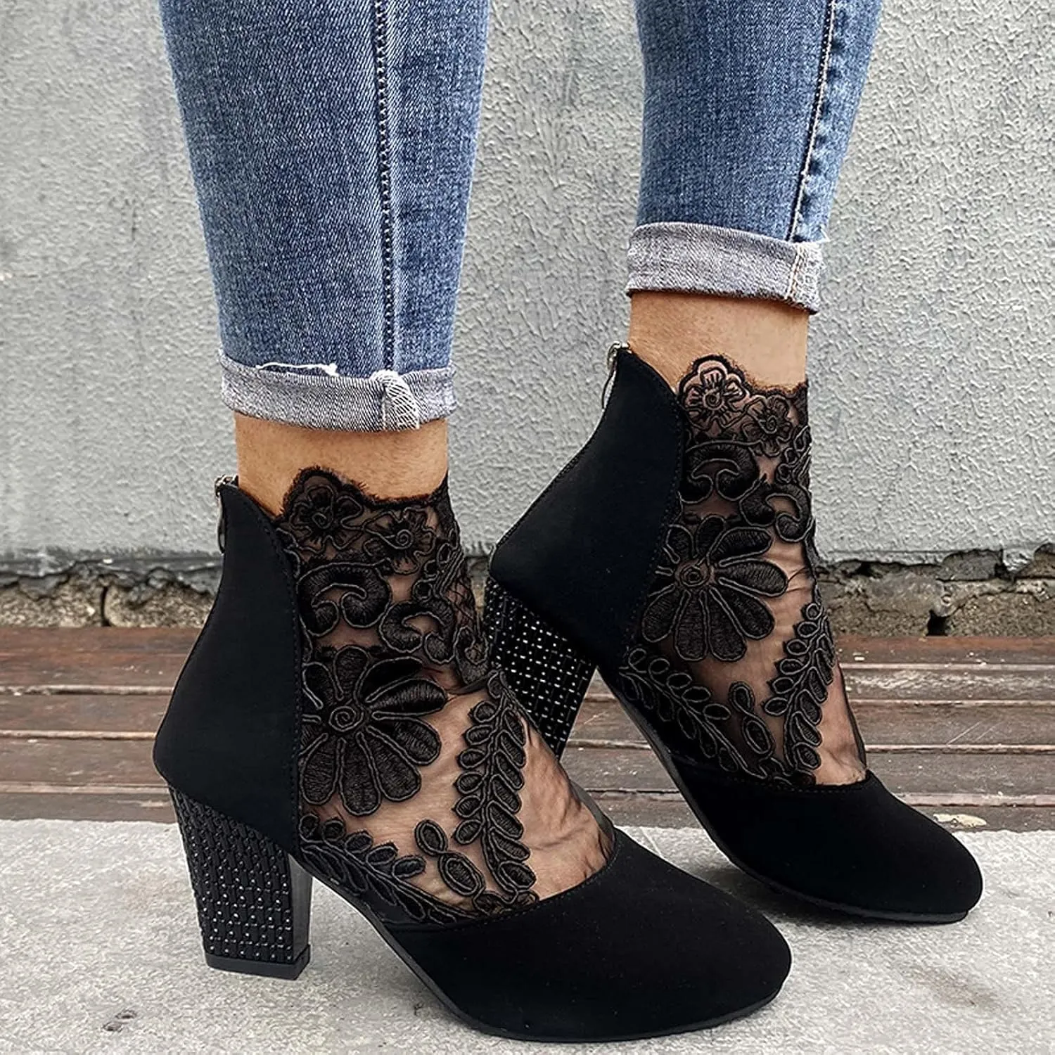 Womens Shoes Fashion Suede Dress Pump Sandal Elegant Lace Crochet Breathable Mesh High Heel Sandals