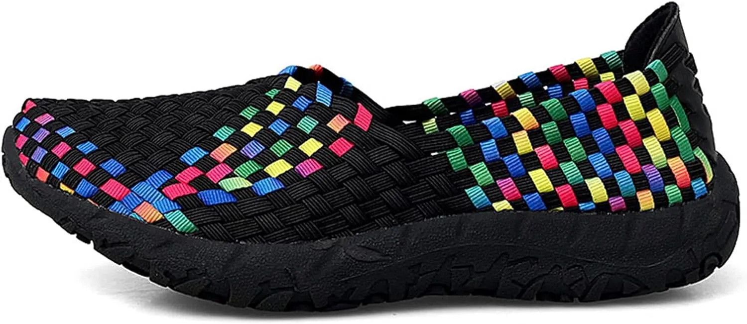 Women's Sidewalk Slip on Flat Elastic Woven Walking Shoes Lightweight Breathable Mesh Walking Sneakers Running Shoes