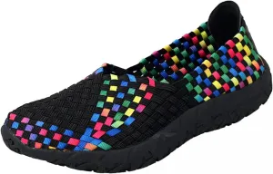 Women's Sidewalk Slip on Flat Elastic Woven Walking Shoes Lightweight Breathable Mesh Walking Sneakers Running Shoes