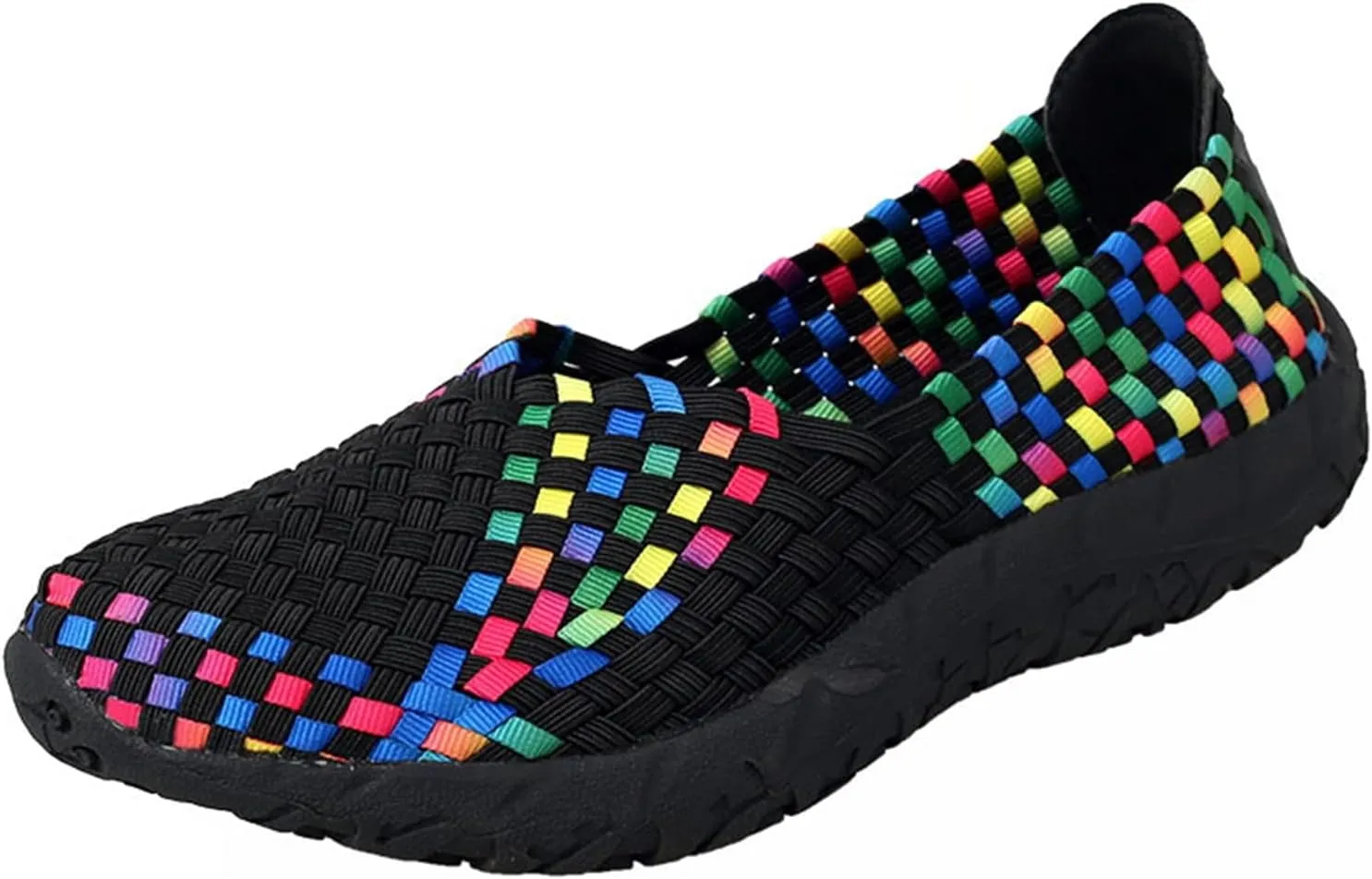 Women's Sidewalk Slip on Flat Elastic Woven Walking Shoes Lightweight Breathable Mesh Walking Sneakers Running Shoes
