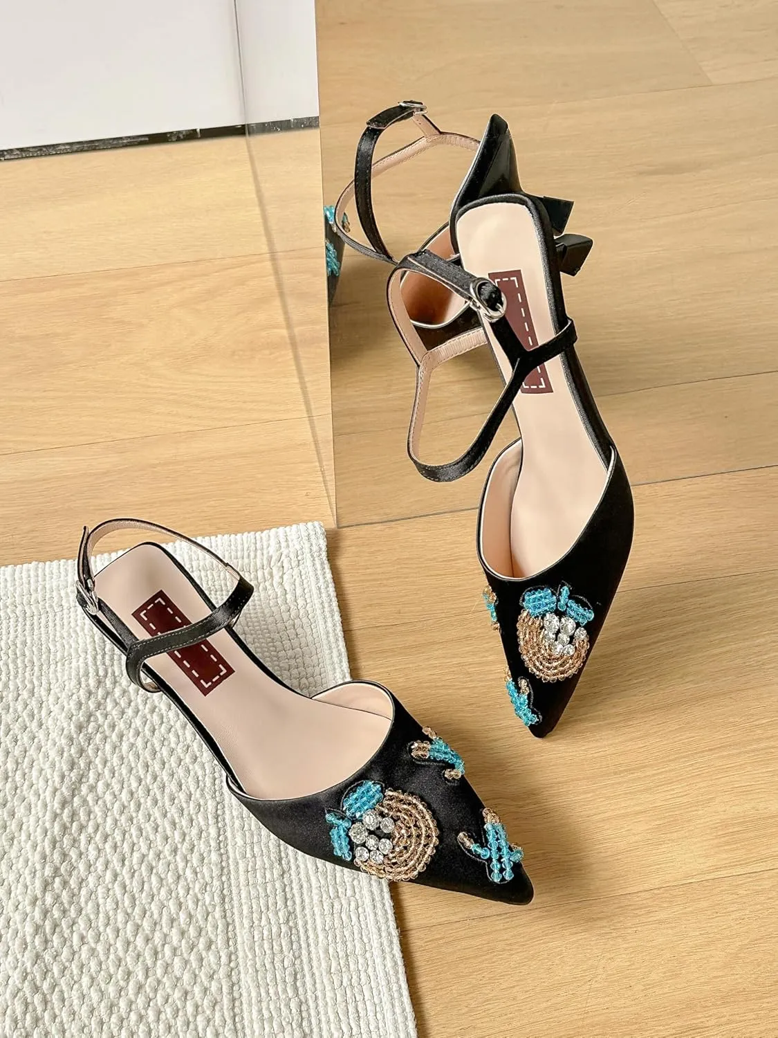 Women’s Silk Pointed-Toe Sandals 1.8Inch Stiletto Heels Handmade Embroidery Elegant Stylish