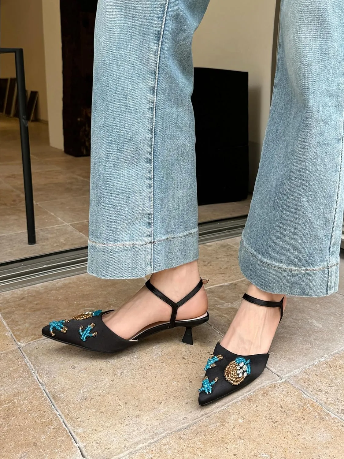 Women’s Silk Pointed-Toe Sandals 1.8Inch Stiletto Heels Handmade Embroidery Elegant Stylish