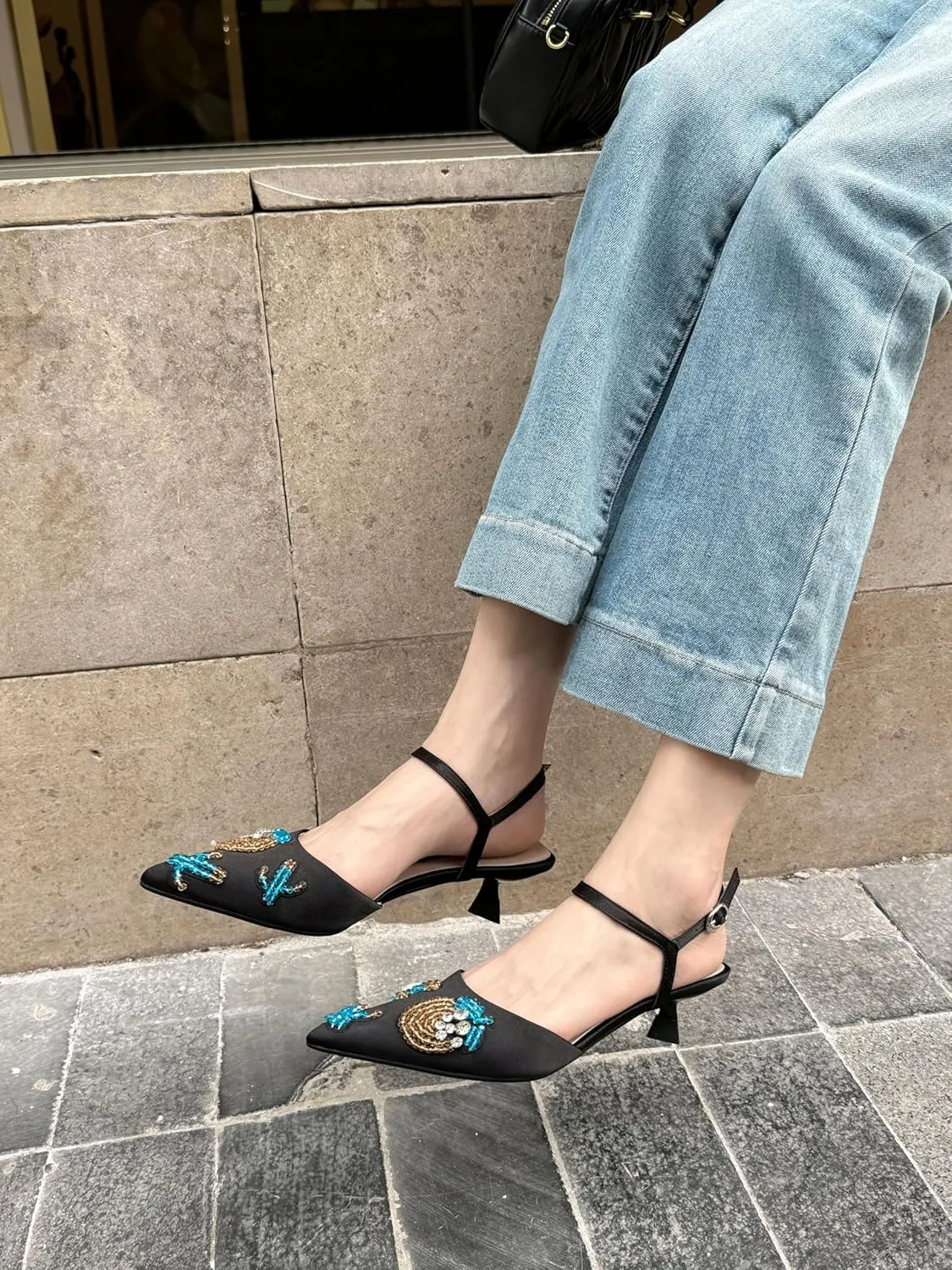 Women’s Silk Pointed-Toe Sandals 1.8Inch Stiletto Heels Handmade Embroidery Elegant Stylish