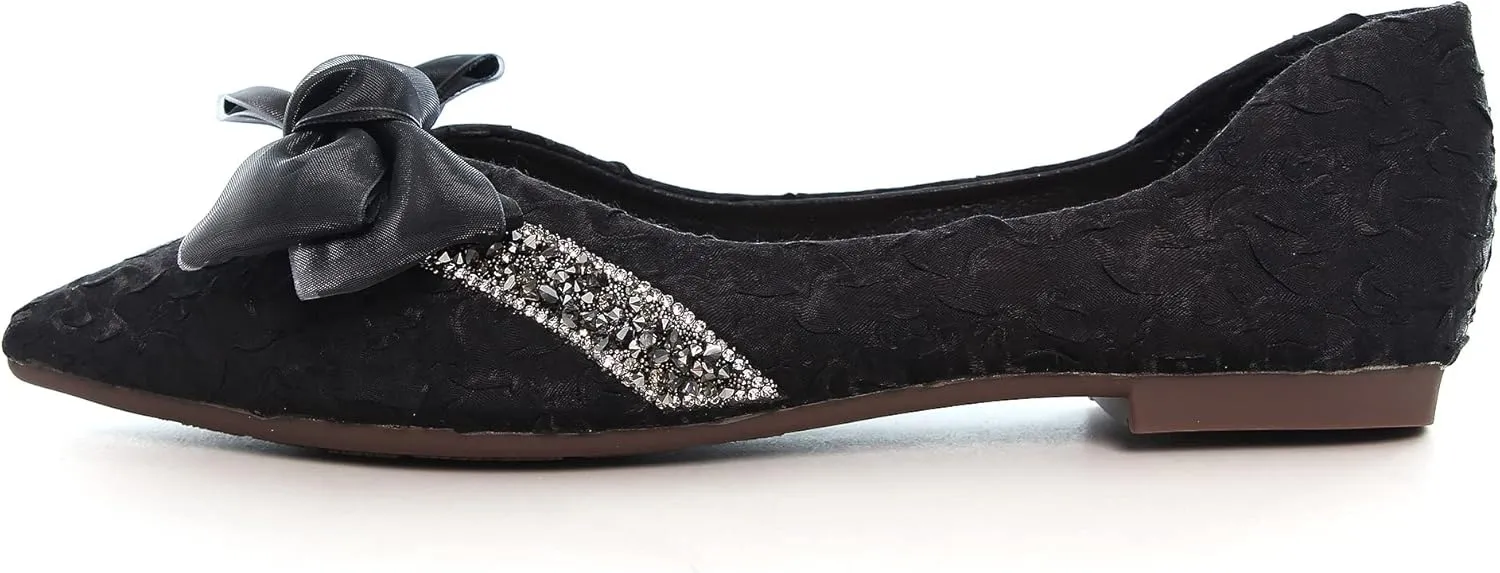 Women's Slip on Flats,Fashion Classic Pointed Toe Solid Pearl Bow Women's Flats, Gentle Shallow Rhinestone Satin Upper Soft Comfortable Flat Shoes