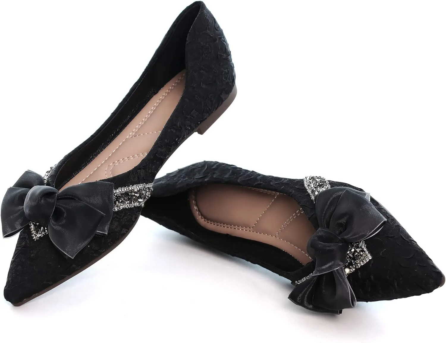 Women's Slip on Flats,Fashion Classic Pointed Toe Solid Pearl Bow Women's Flats, Gentle Shallow Rhinestone Satin Upper Soft Comfortable Flat Shoes