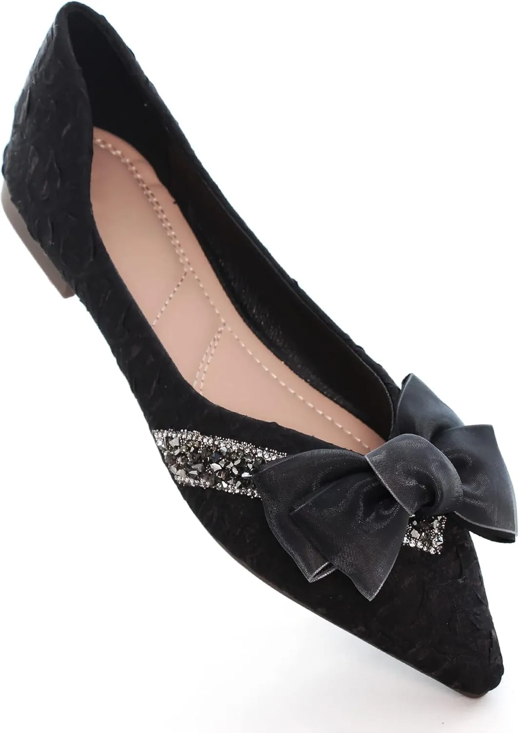 Women's Slip on Flats,Fashion Classic Pointed Toe Solid Pearl Bow Women's Flats, Gentle Shallow Rhinestone Satin Upper Soft Comfortable Flat Shoes