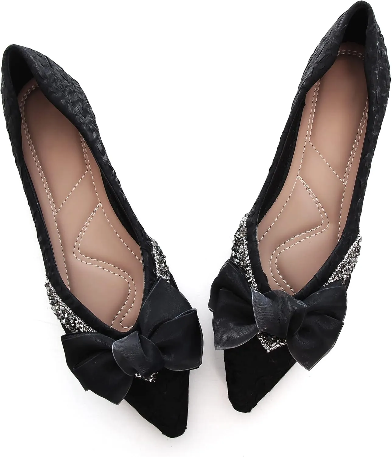 Women's Slip on Flats,Fashion Classic Pointed Toe Solid Pearl Bow Women's Flats, Gentle Shallow Rhinestone Satin Upper Soft Comfortable Flat Shoes