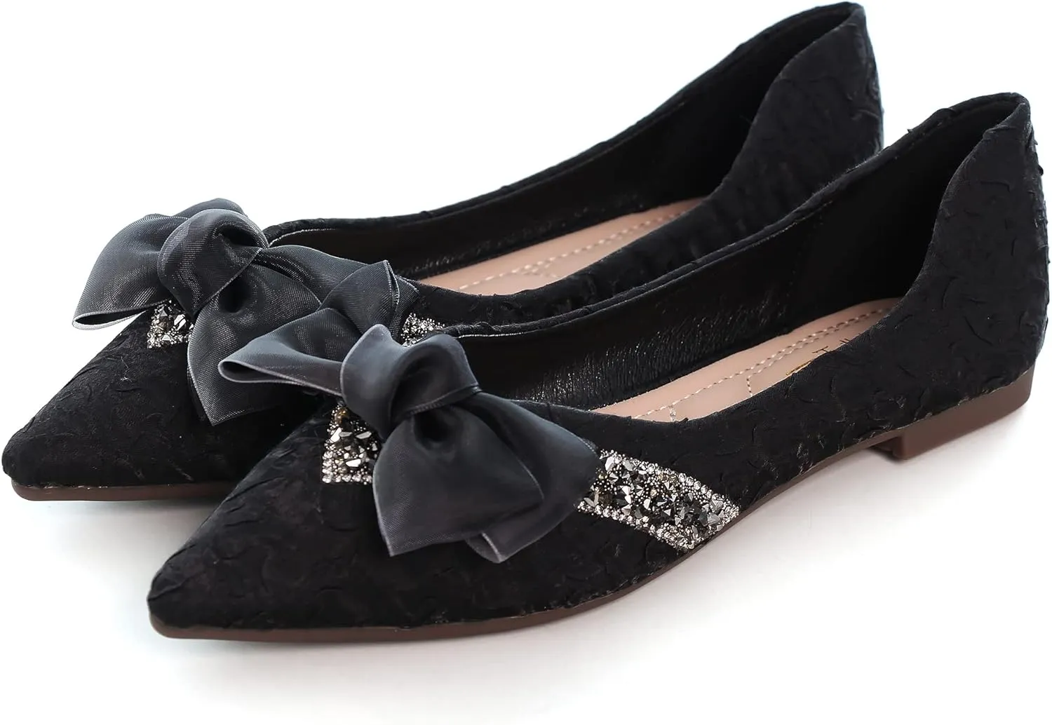 Women's Slip on Flats,Fashion Classic Pointed Toe Solid Pearl Bow Women's Flats, Gentle Shallow Rhinestone Satin Upper Soft Comfortable Flat Shoes