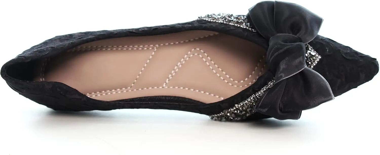 Women's Slip on Flats,Fashion Classic Pointed Toe Solid Pearl Bow Women's Flats, Gentle Shallow Rhinestone Satin Upper Soft Comfortable Flat Shoes