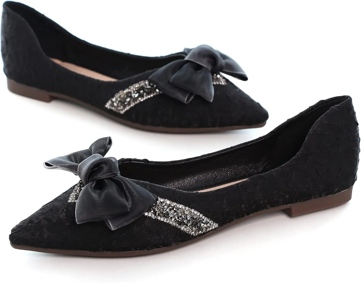 Women's Slip on Flats,Fashion Classic Pointed Toe Solid Pearl Bow Women's Flats, Gentle Shallow Rhinestone Satin Upper Soft Comfortable Flat Shoes