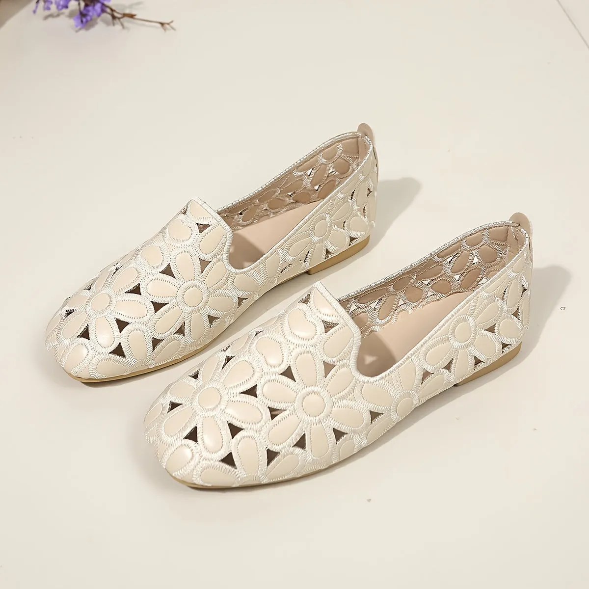 Women's Solid Color Elegant Loafers, Floral Cut Out Lightweight Slip On Shoes, Breathable Travel Shoes