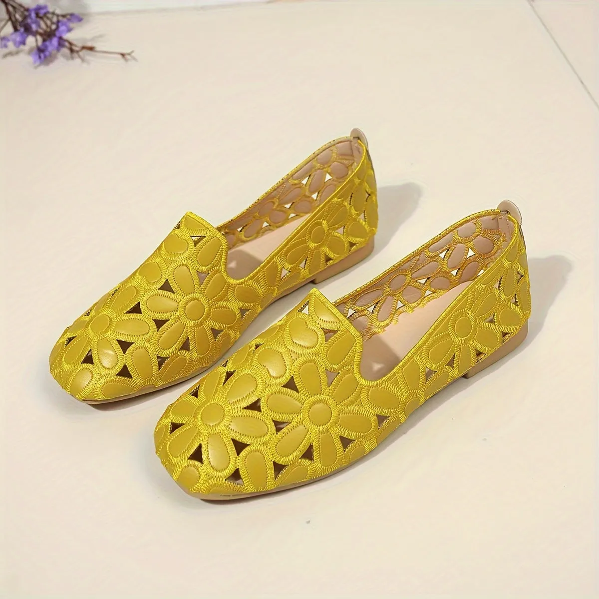 Women's Solid Color Elegant Loafers, Floral Cut Out Lightweight Slip On Shoes, Breathable Travel Shoes