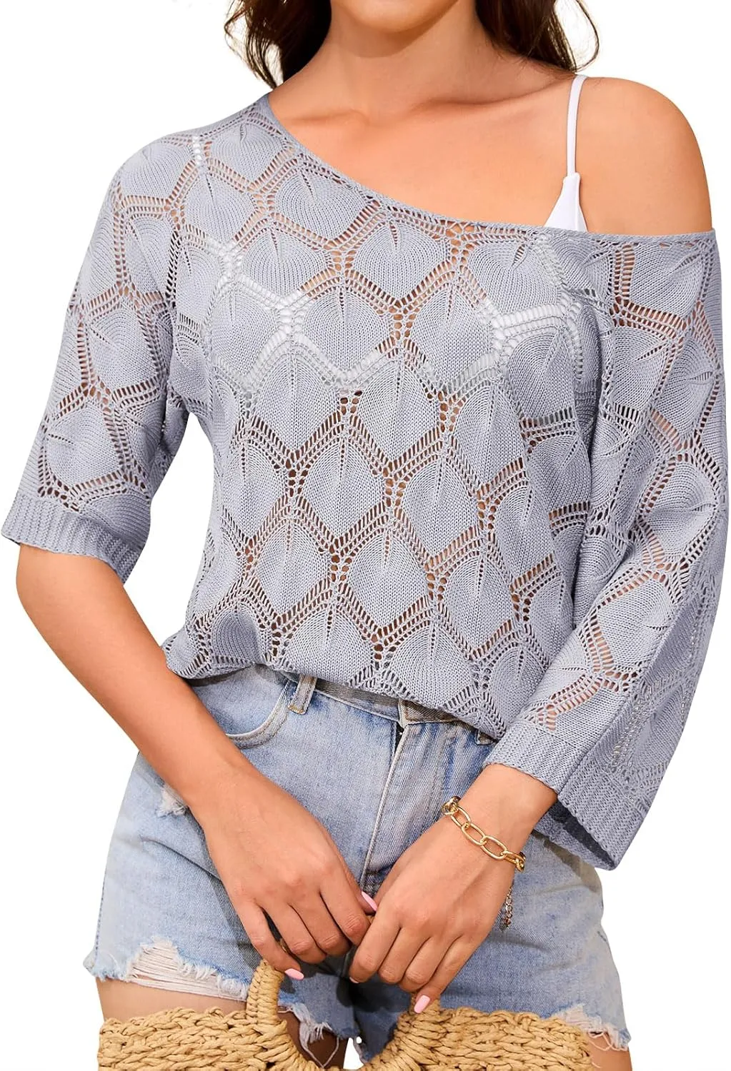 Womens Spring Summer Off Shoulder Sweaters Scoop Neck Crochet Tops Hollow Out 3/4 Sleeve Pullover Sweater Shirts