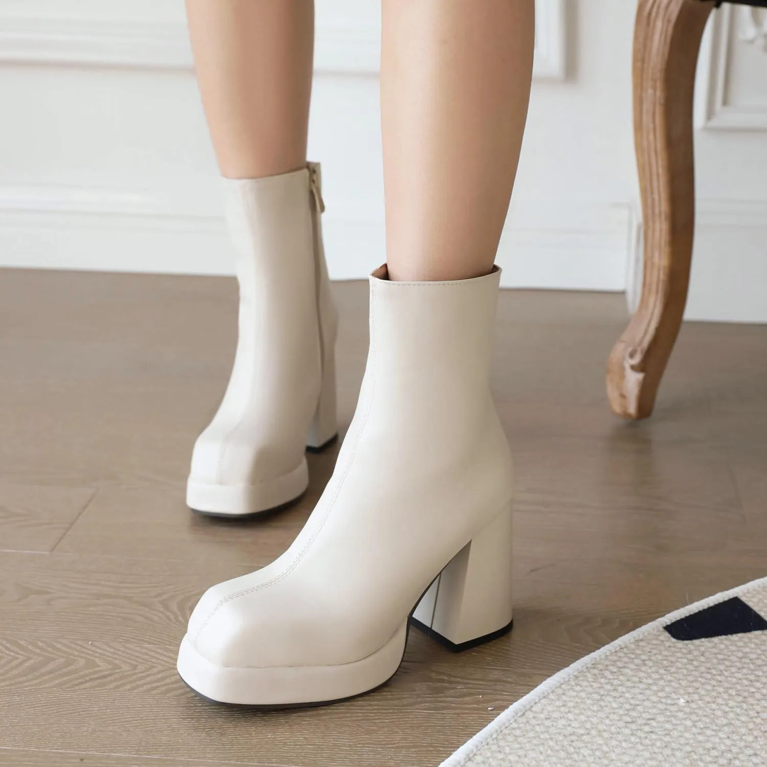Women's Square Toe Ankle Boots, Chunky Heel Platform Booties, Side Zipper High Heel Go-Go Boots