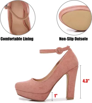 Women's Suede Platform Chunky High Heel Pumps with Ankle Buckle Closed Round Toe Sexy Ultra-High Heeled Dress Y2K Party Shoes for Gala Prom Show
