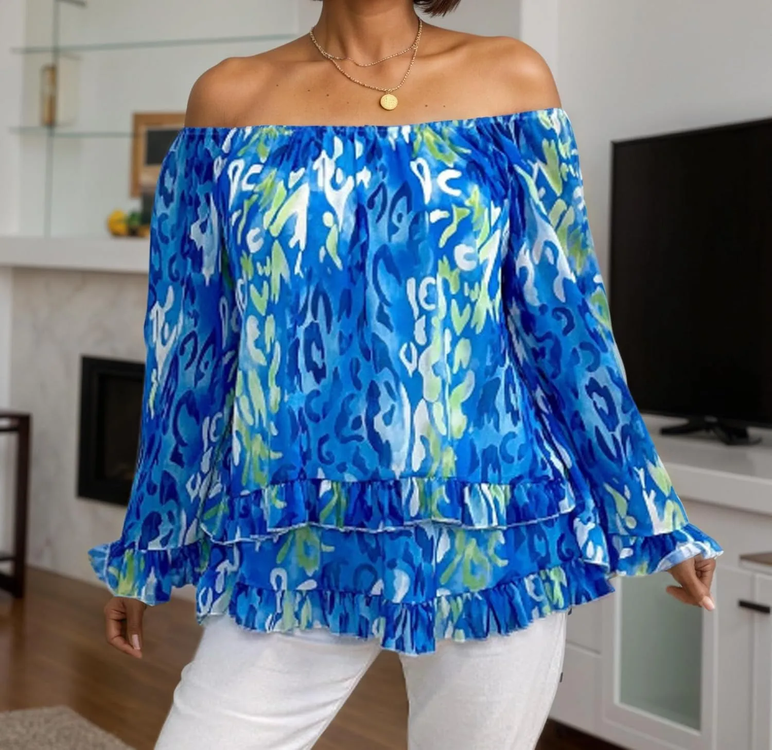 Women's Summer Off Shoulder Tops Ruffled Long Sleeve Boho Floral Print Blouse Shirts Blouses