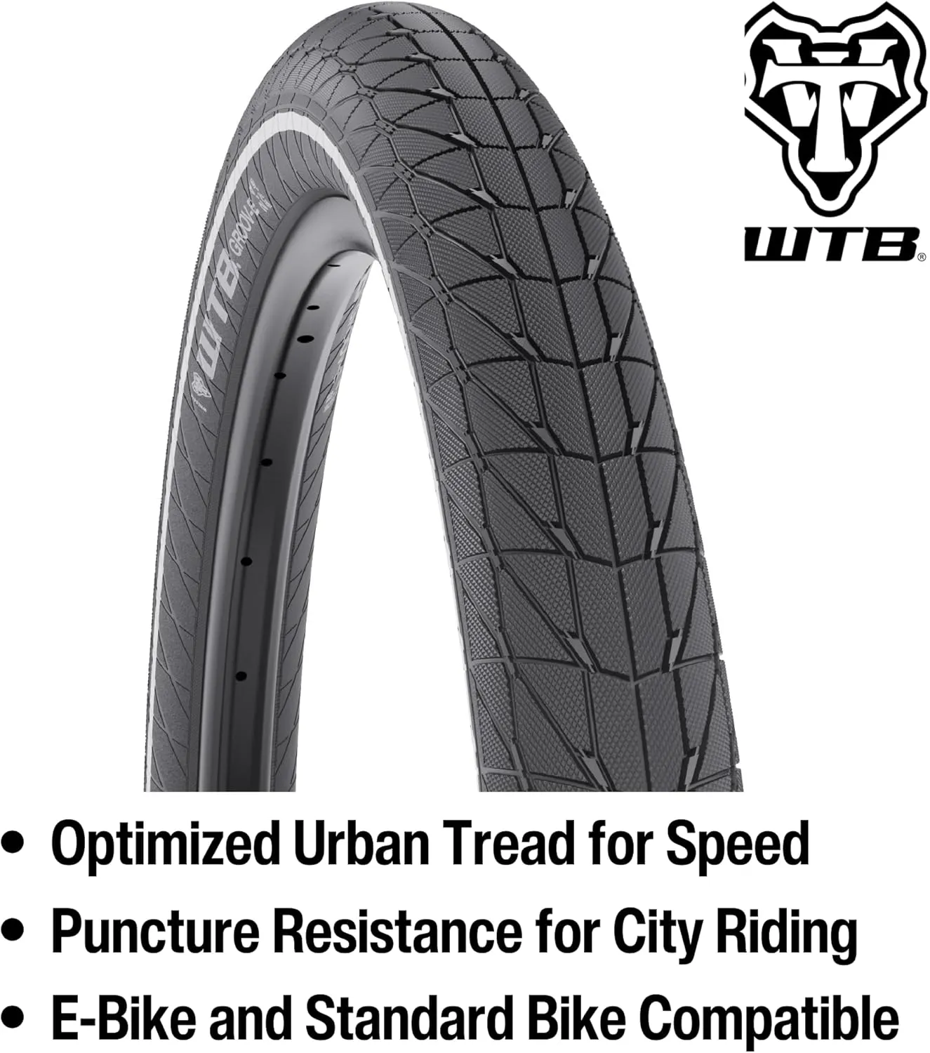 WTB Groov-E Urban Bike Tire, Wire Bead Tire, Available with or Without Flat Guard, Reflective Strip, for E-Bikes & Standard Bikes, Puncture Resistant, Water Channeling Grooves