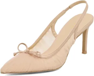 XYD Women Bow Pointed Toe Slingback Pumps Elegant Gauze Mesh High Heels Evening Party Shoes