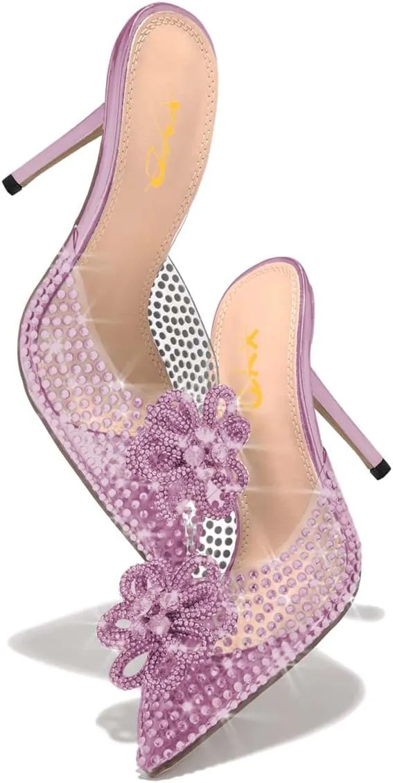 XYD Women Chic Pointed Toe Mules High Heel Slides Stiletto Rhinestones Flower Slip On Transparent PVC Slippers Dressy Prom Party Shoes
