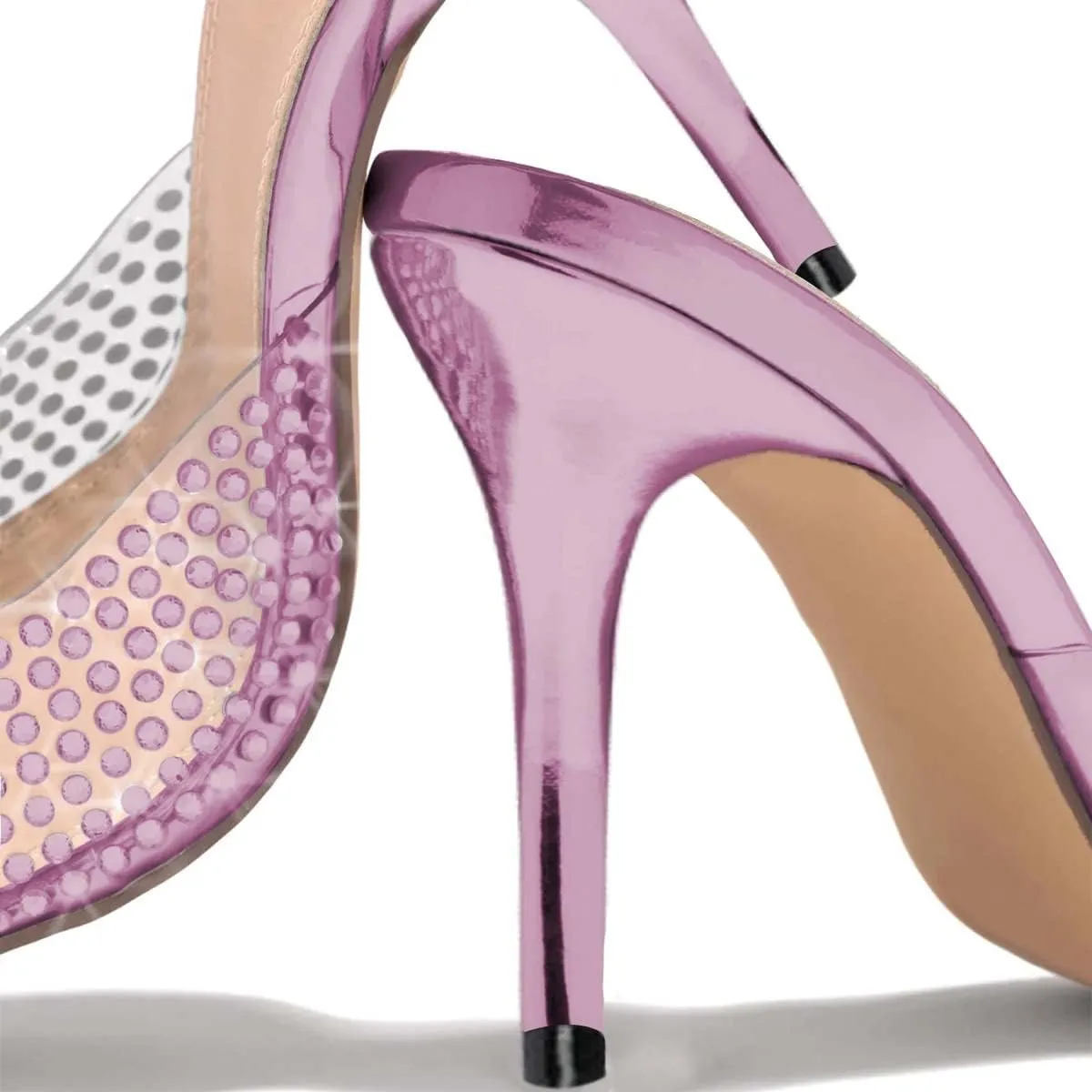 XYD Women Chic Pointed Toe Mules High Heel Slides Stiletto Rhinestones Flower Slip On Transparent PVC Slippers Dressy Prom Party Shoes