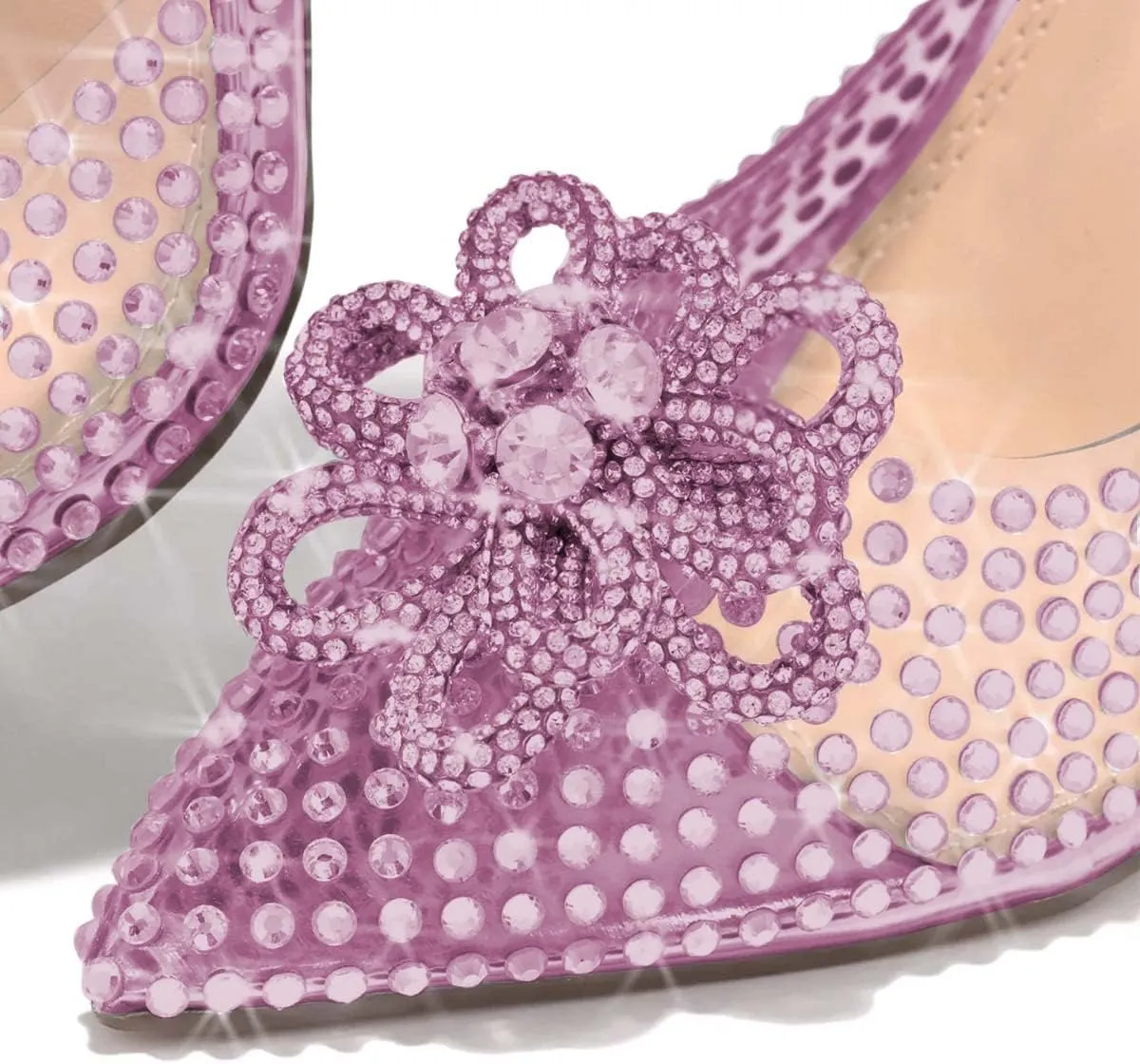 XYD Women Chic Pointed Toe Mules High Heel Slides Stiletto Rhinestones Flower Slip On Transparent PVC Slippers Dressy Prom Party Shoes