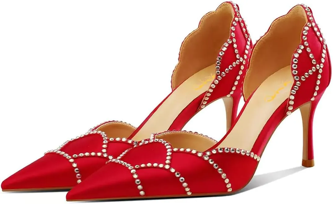 XYD Women Crystal Studs Wedding Pumps Closed Pointed Toe Petal Curve Slip On Mid Heel D'Orsay Elegant Bridal Shoes