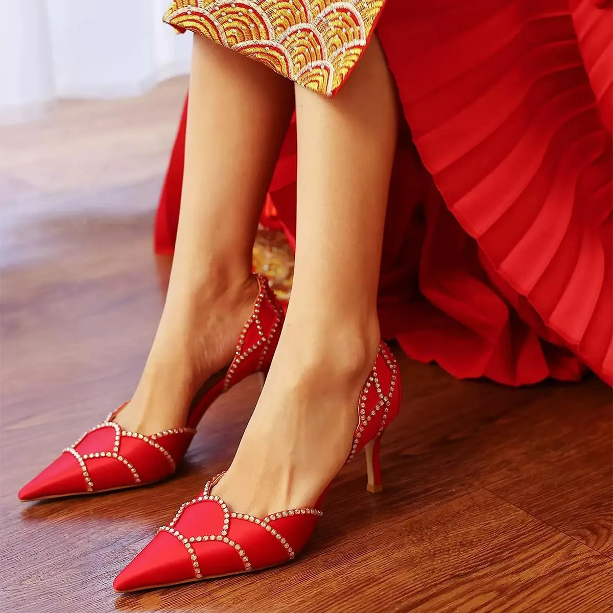 XYD Women Crystal Studs Wedding Pumps Closed Pointed Toe Petal Curve Slip On Mid Heel D'Orsay Elegant Bridal Shoes