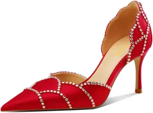 XYD Women Crystal Studs Wedding Pumps Closed Pointed Toe Petal Curve Slip On Mid Heel D'Orsay Elegant Bridal Shoes